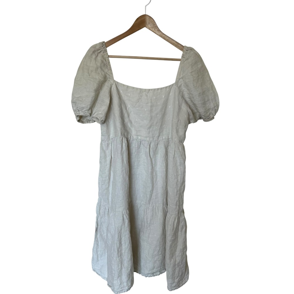 Mango Babydoll Mini Dress Womens XL Cream Excellent Puff Sleeve Clipped Dot